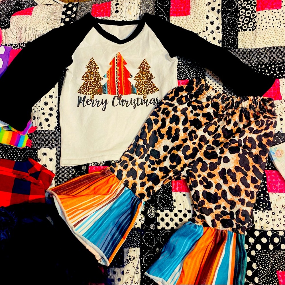 flare pants/ Merry Christmas top. 12 to 18 months. worn once no rips, no tears!